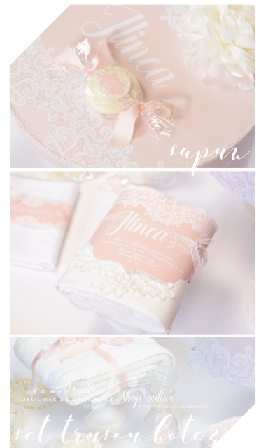 Trusou de botez clasic brodat cumotive dantela in culoarea piersicii, Elegant Peach 7